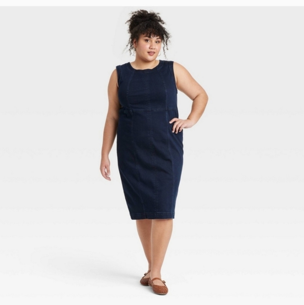 Elegant Navy Sleeveless Dress.  Stretch Denim. Size 22